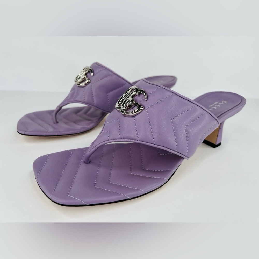 Gucci Marmont Double G Chevron GG Logo Thong Mule Kitten Sandals Size EU 40